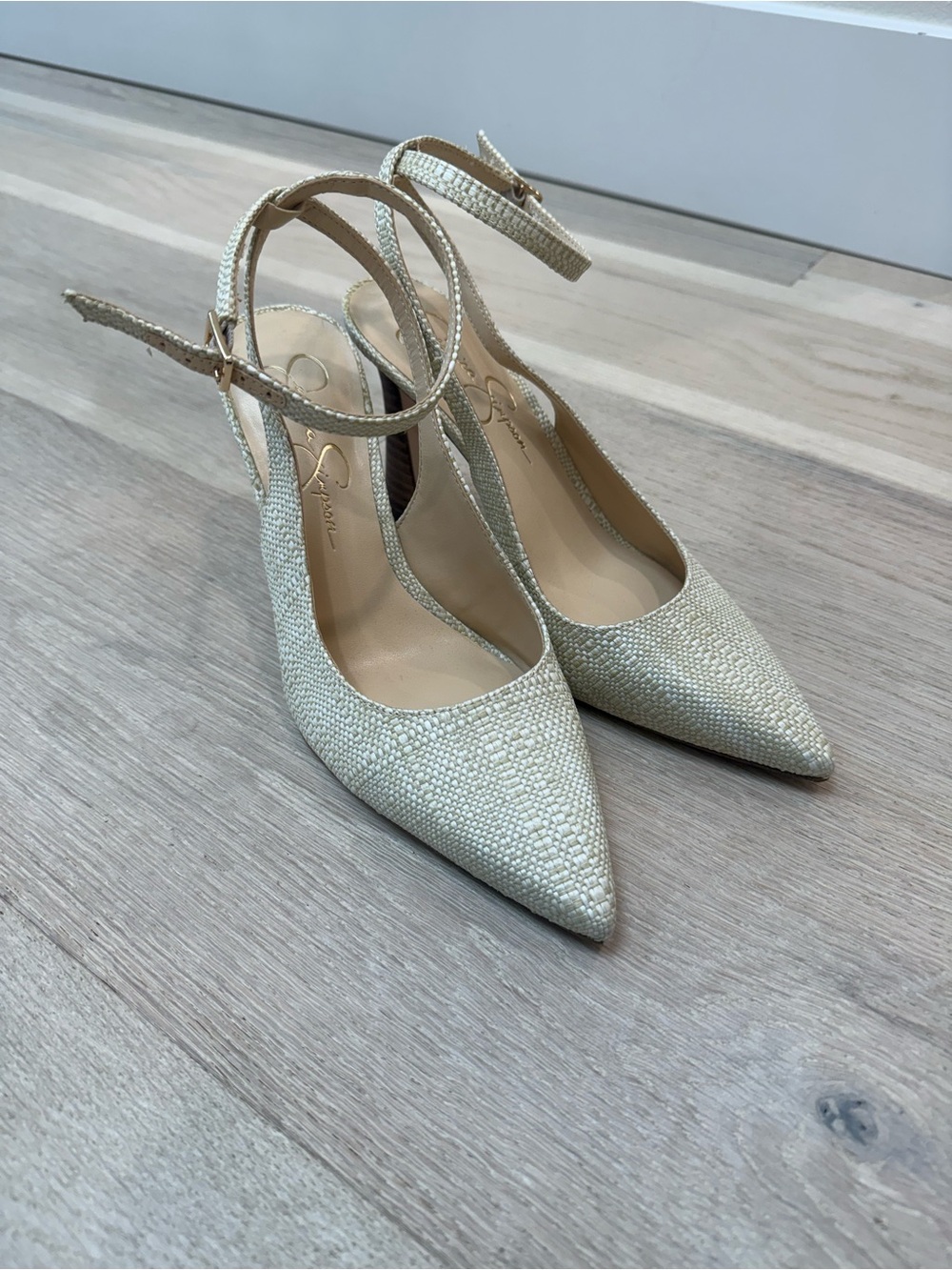 Jessica Simpson Cream Woven Cone Heel Pump Ankle Strap Buckle Size 8.5